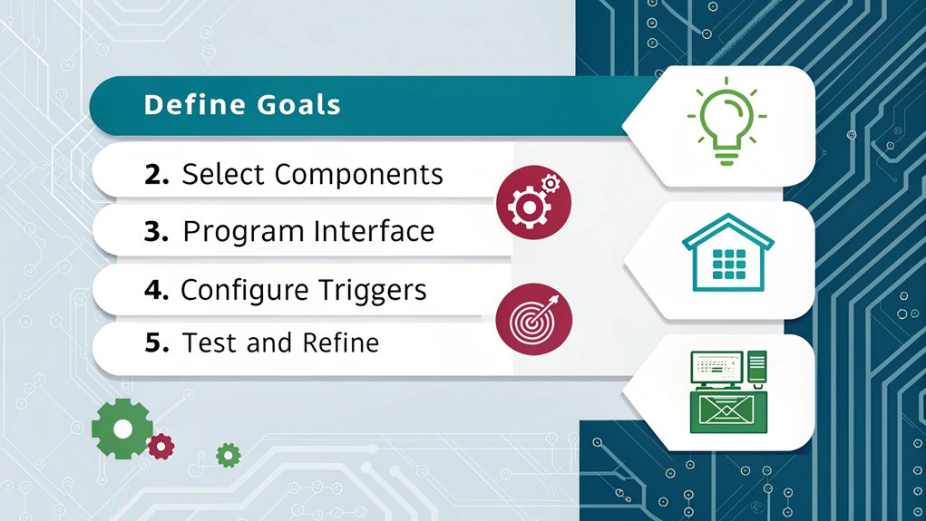 An infographic showing 5 steps for creating custom Raspberry Pi home automation routines, with icons for each stage. Use blue and green colors with circuit board patterns as background. Include symbols for programming, sensors, and smart devices.