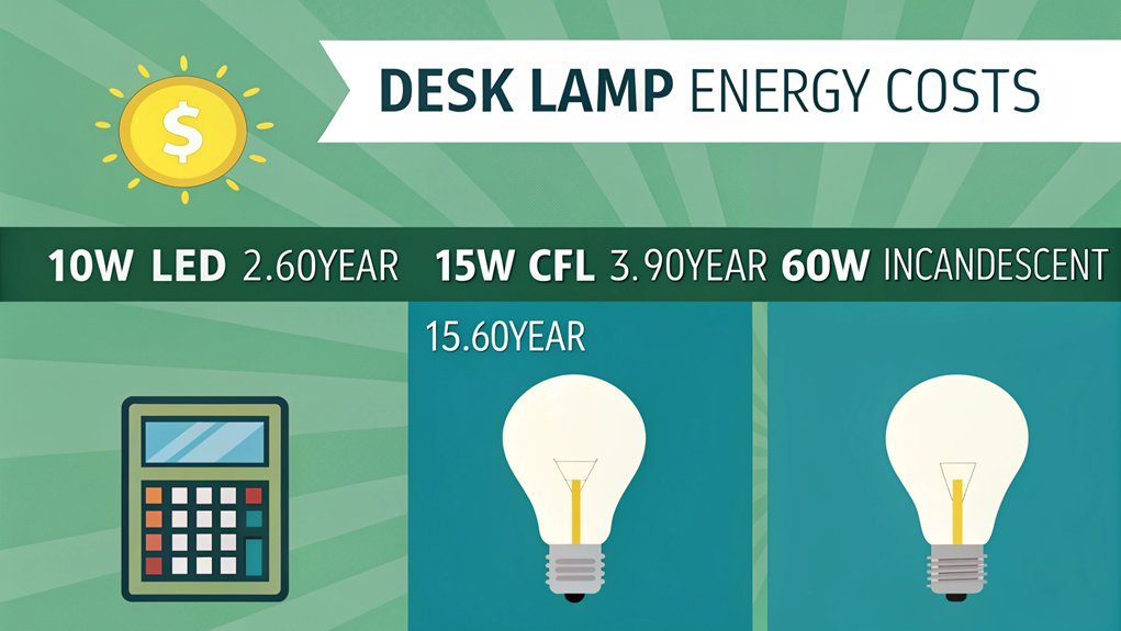 An infographic illustrating desk lamp energy costs. Show 3 lamp types (LED, CFL, incandescent) with their wattage, yearly cost comparison, and energy-saving tips. Use green/blue colors, calculator graphics, and light bulb symbols. Include energy-saving impact on computer setup.