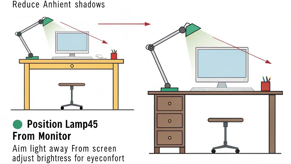:An infographic showing optimal desk lamp placement techniques for computer workspaces. Include diagrams of correct lamp positions (left/right of monitor, behind screen), brightness levels comparison, and anti-glare techniques. Use simple illustrations with arrows indicating light direction and recommended angles.