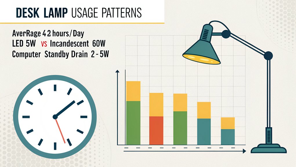 An infographic showing daily desk lamp power consumption patterns and their impact on computer energy consumption. Include a clock-style visualization with usage peaks, bar charts comparing LED vs incandescent power draw, and a connection to computer standby power.