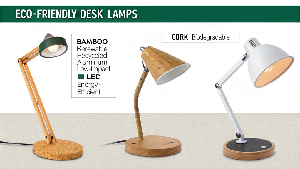 An infographic showcasing eco-friendly desk lighting for PC users featuring minimalist natural designs. Include bamboo lamps, adjustable LED options with solar charging, and displays showing energy efficiency metrics. Use earthy color palette with green accents.  
