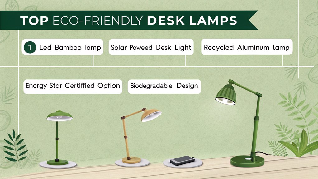 An infographic showing 5 popular eco-friendly desk lamps for PC users. Include energy efficiency ratings, sustainable materials used, and price points. Use earthy green color palette with minimalist design. Display each lamp with its key eco-features and power consumption stats.