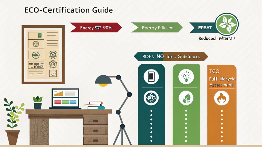 An infographic showing top 5 eco-friendly lighting certifications (Energy Star, EPEAT, RoHS, TCO, B Corp) with their logos, criteria, and environmental benefits. Use earthy colors (greens, browns) and simple icons representing sustainability features. Include a desktop setup with certified lamp.