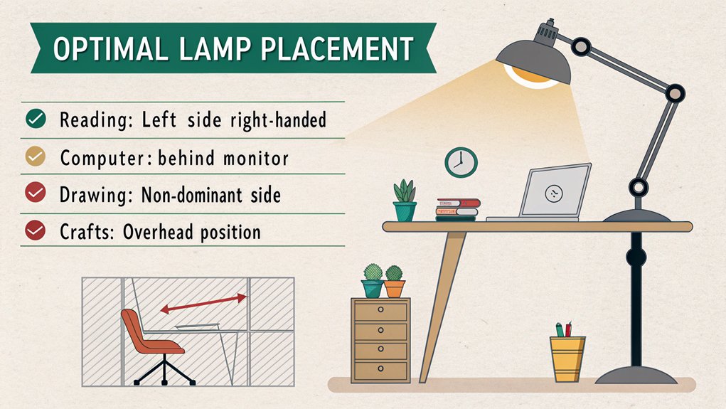 An infographic showing optimal desk lamp positioning for different tasks. Use clean illustrations of desk setups with lamp placement for reading, computer work, drawing, and crafts. Include light direction arrows and shadow reduction techniques.