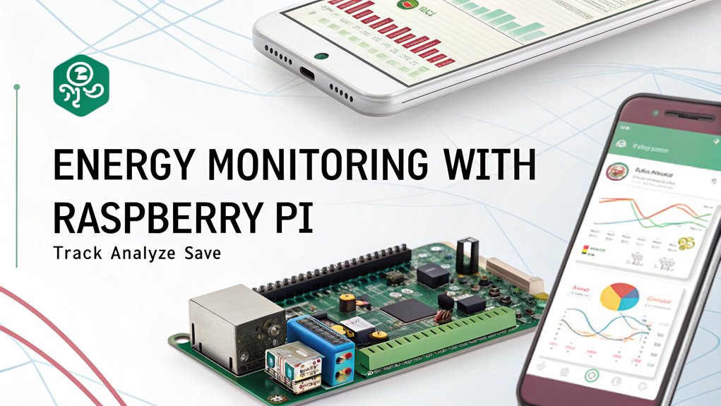 An infographic showing a Raspberry Pi-based energy monitoring system for smart homes. Include sensors measuring electricity, temperature, and humidity connected to a central Pi hub displaying real-time data visualizations on mobile devices and cost-savings calculations.