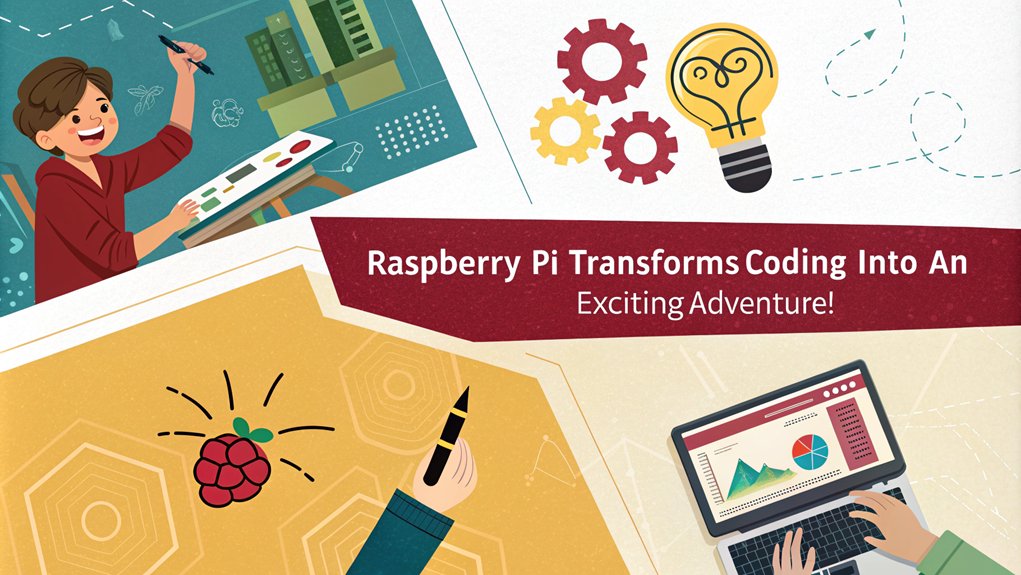 An infographic showcasing "Makes Learning Fun: Why Choose Raspberry Pi for Improving Coding Skills?" Highlight hands-on projects, creativity, and community support. The only text in the image is as follows: "Raspberry Pi transforms coding into an exciting adventure!"