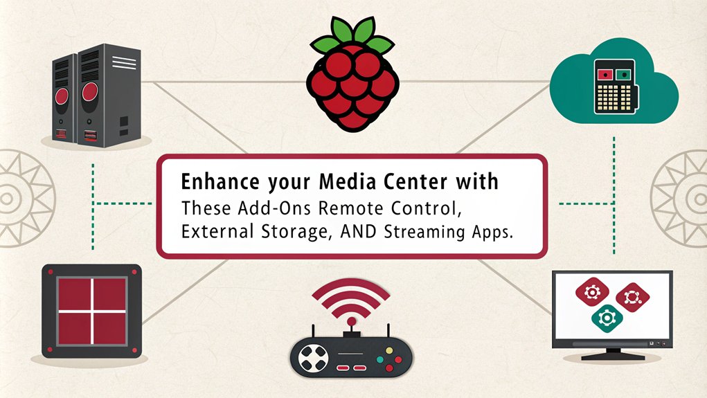 An infographic showcasing tips for building a Raspberry Pi media center, highlighting essential add-ons and features for optimal performance. The only text in the image is as follows: "Enhance your media center with these add-ons: remote control, external storage, and streaming apps."