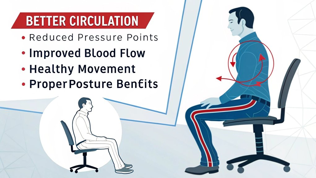 :An infographic showing blood flow and circulation improvements when using an ergonomic chair, using simple red and blue arrows to demonstrate blood movement through legs and torso. Include a side-by-side comparison of proper vs. improper sitting posture, with anatomical diagrams.