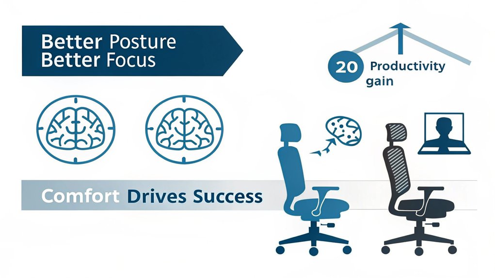 An infographic showing three key work positions with an ergonomic chair, using clean lines and minimal design. Include brain icons with productivity percentages, arrows indicating proper posture, and time-tracking symbols.