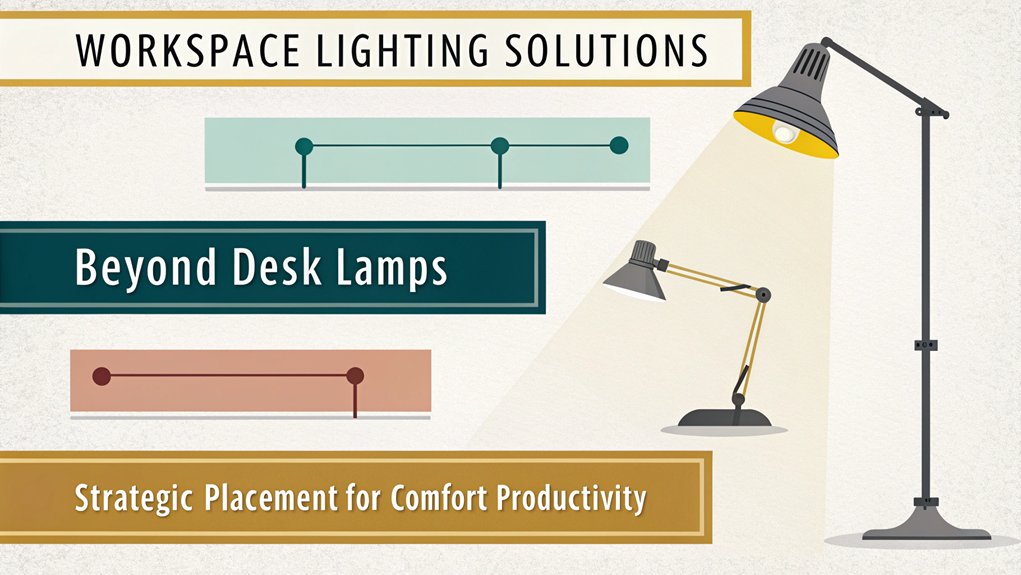 An infographic illustrating various lighting options for workspaces beyond desk lamps, including pendant lights, wall sconces, track lighting, and floor lamps with their optimal placement for reducing eye strain and enhancing productivity.