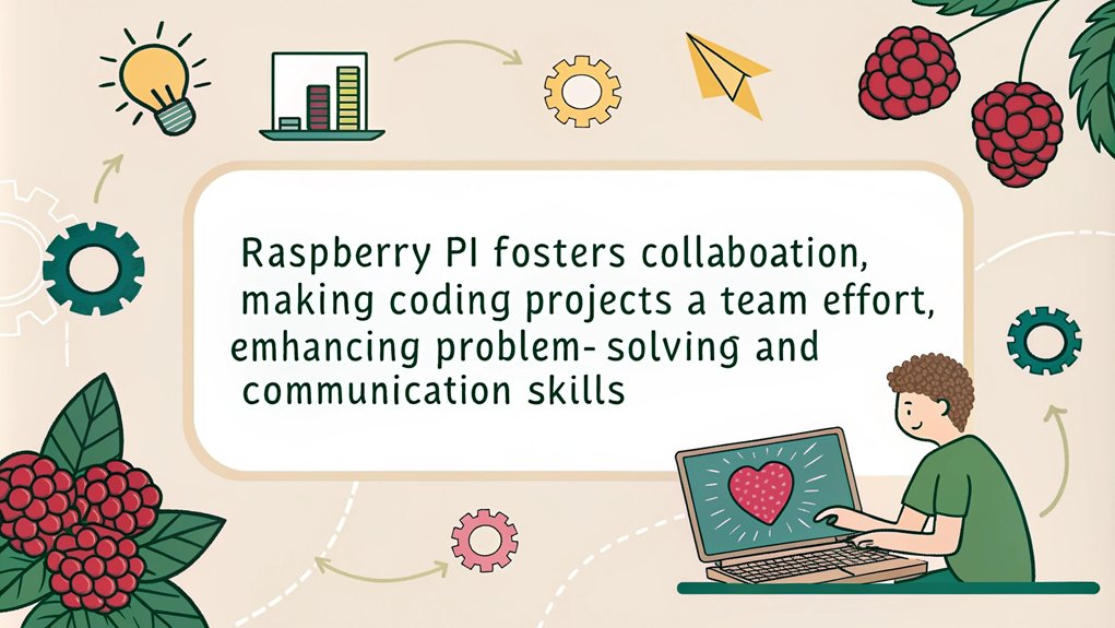 An infographic showcasing how Raspberry Pi enhances coding skills while improving collaboration skills among learners. Highlight the benefits of teamwork in coding projects.  The only text in the image is as follows: "Raspberry Pi fosters collaboration, making coding projects a team effort, enhancing problem-solving and communication skills."
