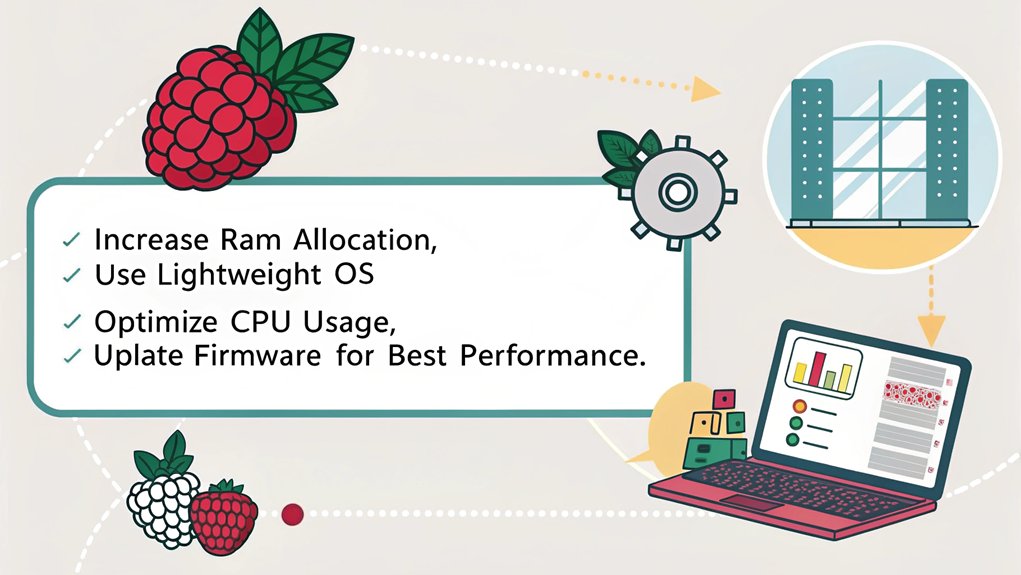 An infographic showcasing tips for optimizing performance while running a Windows virtual machine on a Raspberry Pi. 