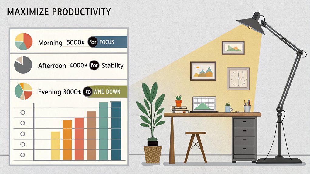 An infographic showing how artificial lighting affects productivity in home offices. Include comparison charts of natural vs artificial lighting effects on focus, a diagram of ideal desk lamp positioning, and color temperature guide for different tasks.