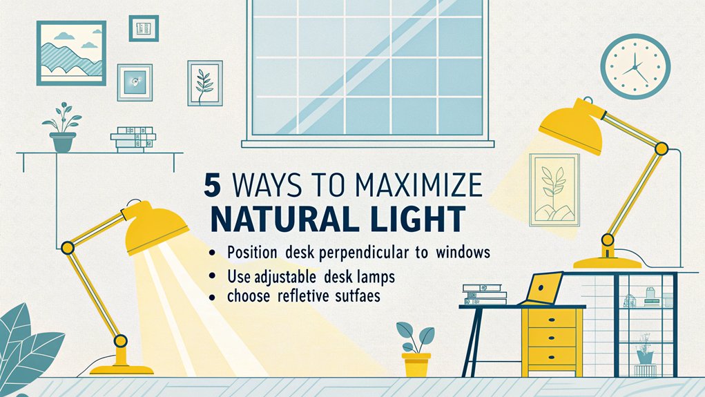 An infographic showing 5 strategies for maximizing natural light in workspaces when you position your desk lamp. Use clean, bright design with light blues and yellows. Include desk lamp positioning diagrams showing optimal angles that complement natural light sources from windows. Illustrate furniture arrangement tips.