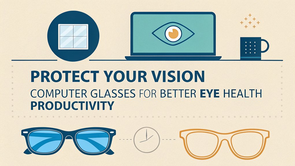 An infographic illustrating how computer glasses promote eye health in home offices. Show different types of glasses, blue light filtering benefits, proper monitor positioning, and the 20-20-20 rule. Include statistics on digital eye strain reduction and improved sleep from reduced blue light exposure.