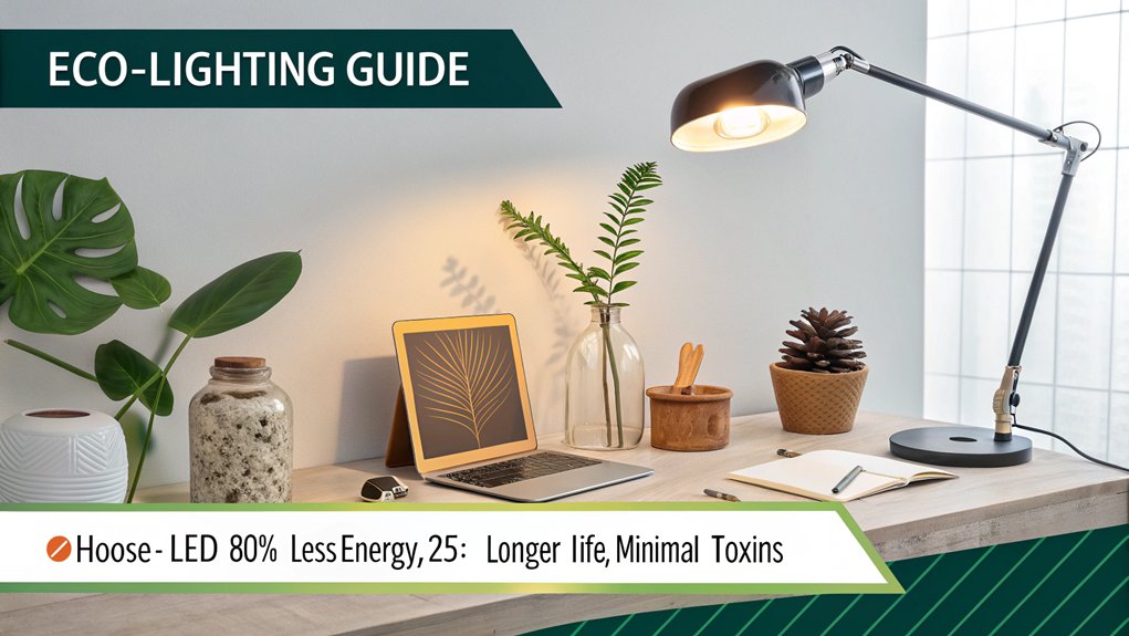 An infographic comparing environmental impacts of LED, CFL, and incandescent desk lamps. Show energy consumption, lifespan, materials, disposal considerations, and carbon footprint in a visually engaging format with nature elements and a modern workspace setting.