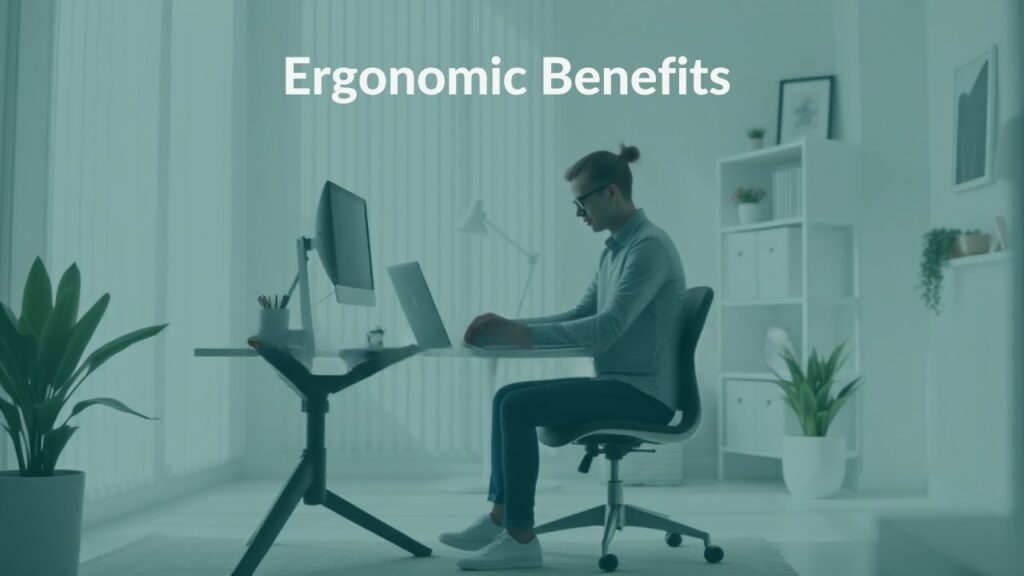 a remote worker in a bright, modern home office, creative design, the only text in the image is 'Ergonomic Benefits'
