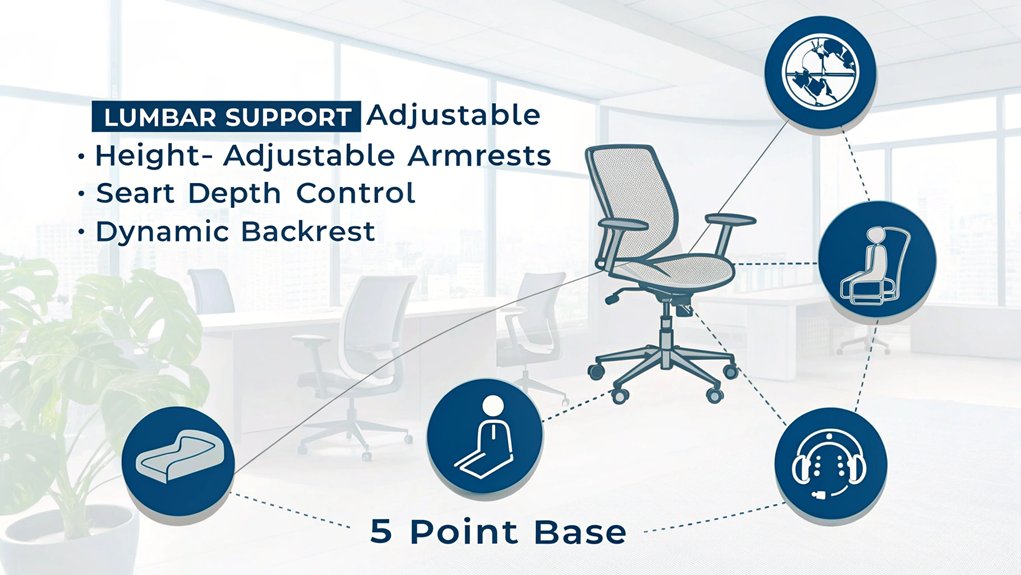 An infographic showcasing 5 essential ergonomic chair features, Showing how ergonomic chairs improve work efficiency. Each feature is represented by a simple illustration with connecting lines forming a chair silhouette. Professional office setting background in muted tones.