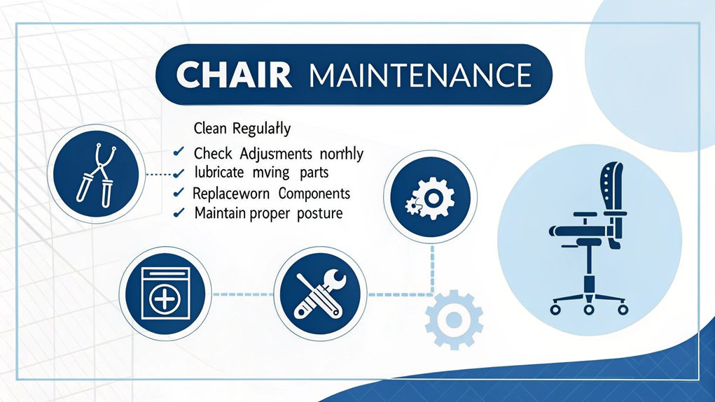 An infographic showing 5 essential maintenance tips for ergonomic chairs. Include simple icons for cleaning, adjustment checks, lubrication, part replacement, and proper sitting posture. Use a blue and white professional color scheme with tools and chair imagery. 
