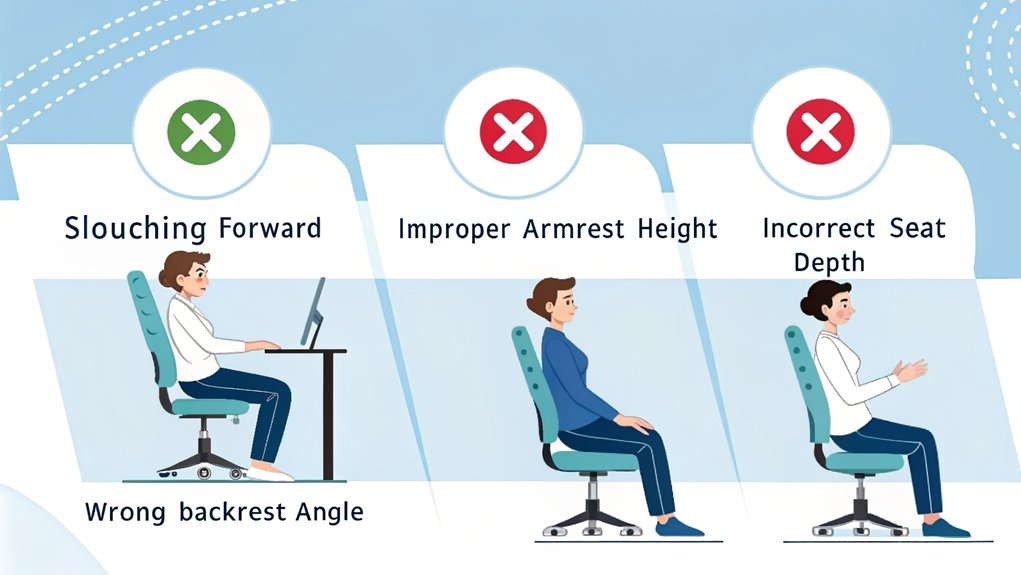 An infographic showing 4 common mistakes when using ergonomic chairs, illustrated in a simple, modern style with red X marks over incorrect postures and green checkmarks for correct ones. Use soft blue and white color scheme.