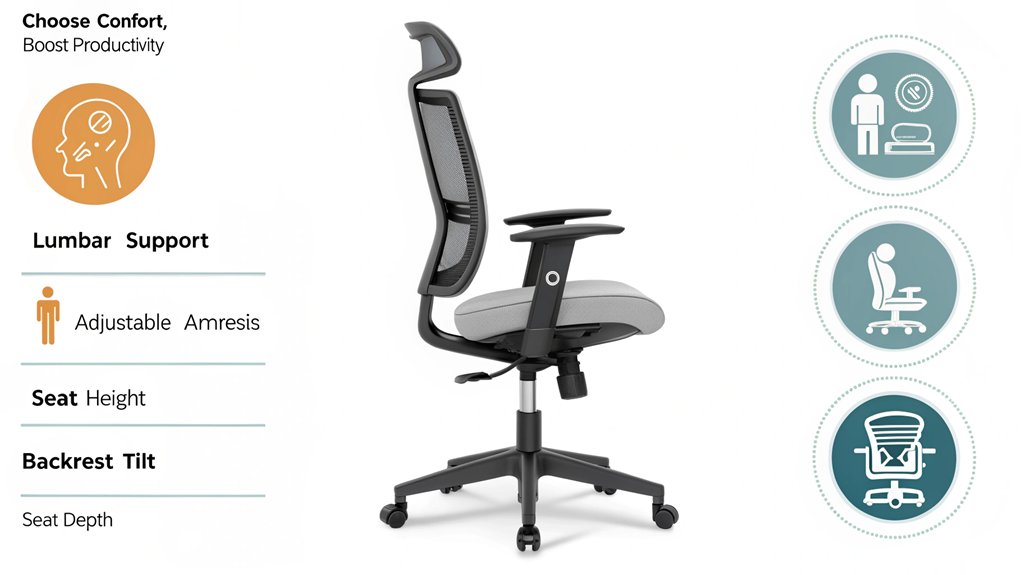An infographic using minimalist icons and a neutral color palette illustrating the key features of ergonomic chairs, showing 5 essential chair components: lumbar support, adjustable armrests, seat height, backrest tilt, and seat depth. Include visual comparison between proper and improper posture.
