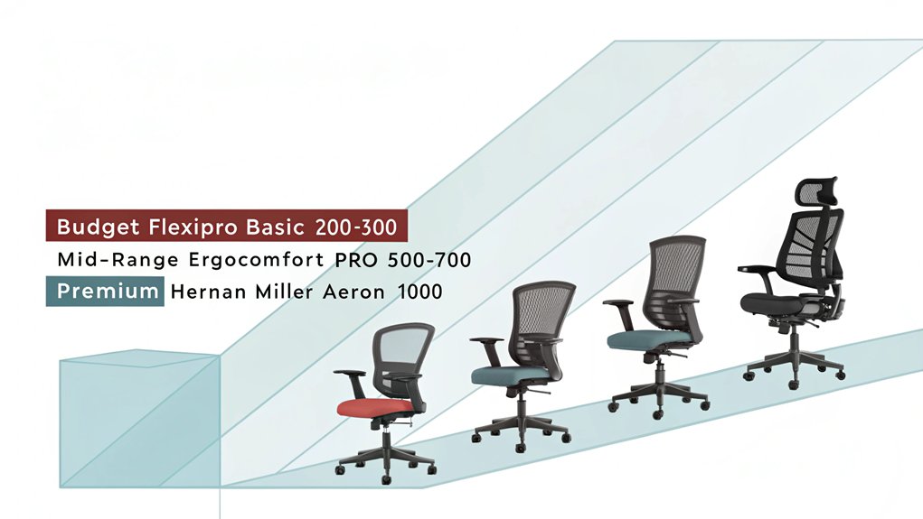 An infographic showing 6 ergonomic office chairs arranged in ascending price order, using a modern minimalist style with clean lines and soft colors. Each chair is illustrated with key features highlighted and price range indicated.