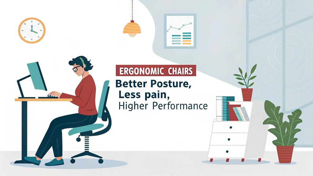 An infographic showcasing the health benefits of ergonomic office chairs, featuring a modern workspace with a person sitting properly. Include visuals of proper posture, reduced back pain, improved circulation, and productivity statistics. 