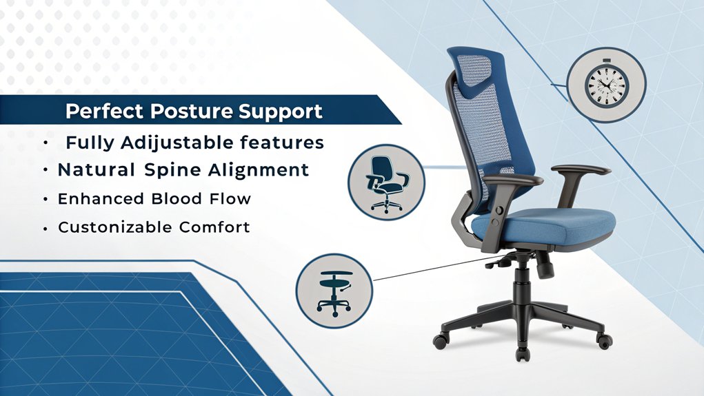 An infographic showing a modern office chair with labeled arrows pointing to key ergonomic features that enhance focus. Use a clean, minimalist design with blue and gray tones. Include iconic representations of proper posture, lumbar support, adjustable armrests, and seat depth.