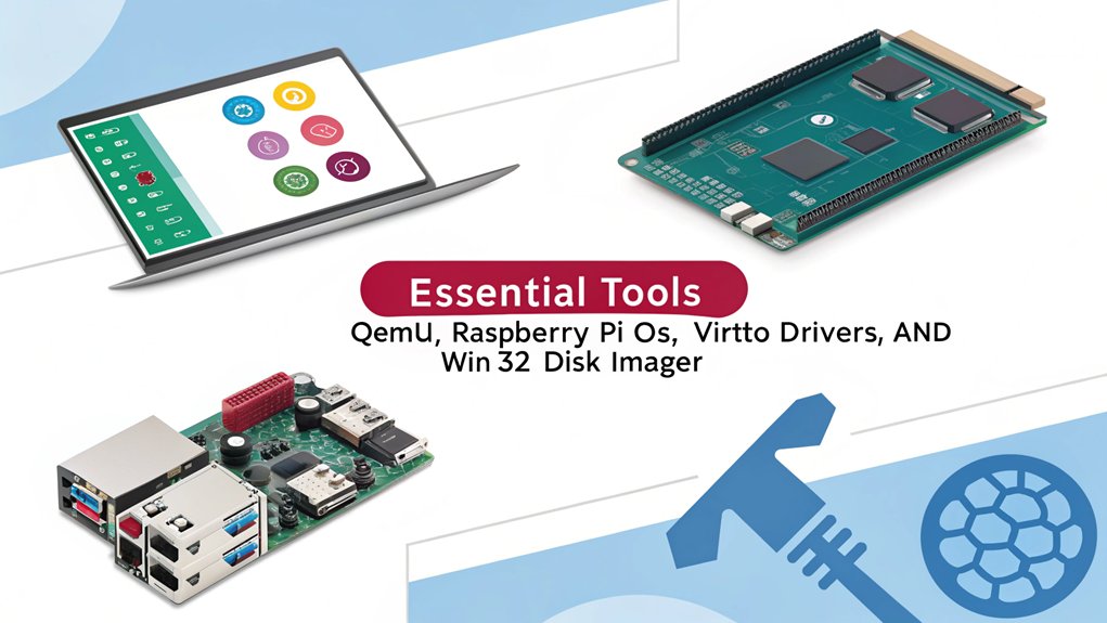 An infographic showcasing the Required Software and Tools for running a Windows Virtual Machine on a Raspberry Pi.