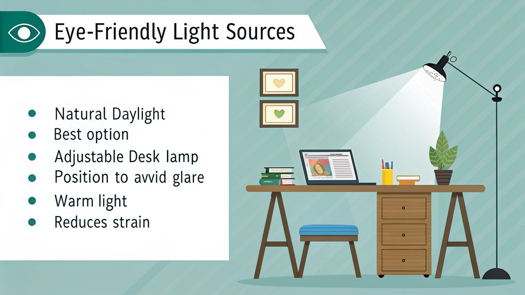 An infographic showing different light sources for eye comfort at a desk setup. Include comparisons between natural light, desk lamps, overhead lighting, and screen backlighting with their effects on eye strain with proper desk lighting.
