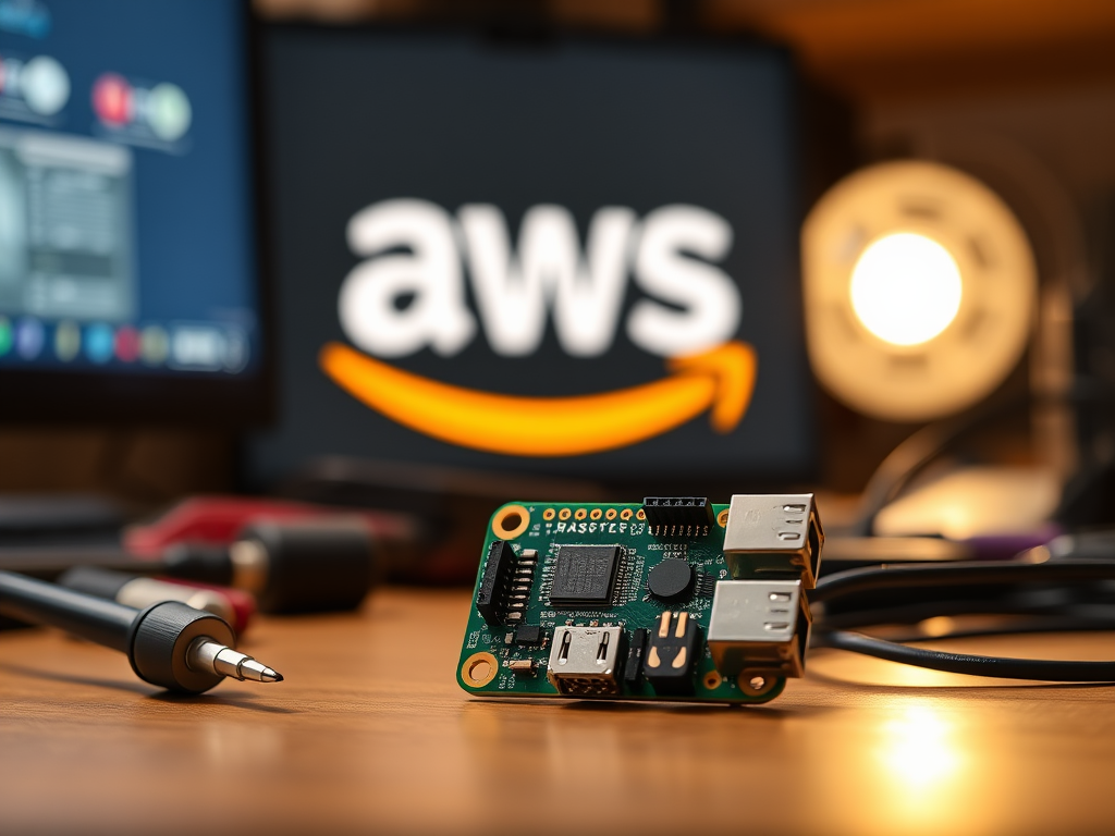 Miniature Raspberry Pi Zero IoT Device on AWS on a desk with AWS logo in background, cozy workspace with tools (screwdriver, wires), warm ambient light, shallow depth of field, realistic photo style, bokeh effect