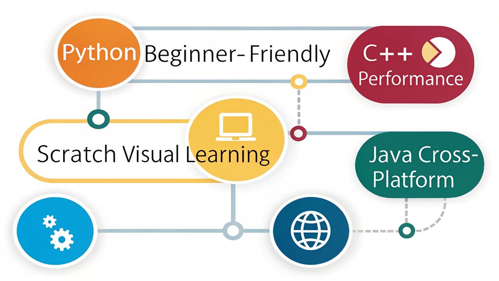 An infographic showing versatile languages for Raspberry Pi projects to learn programming. Use colorful icons connecting Python, C/C++, Scratch, and Java to beginner-friendly applications. Show progression from simple to complex projects with visual learning paths.