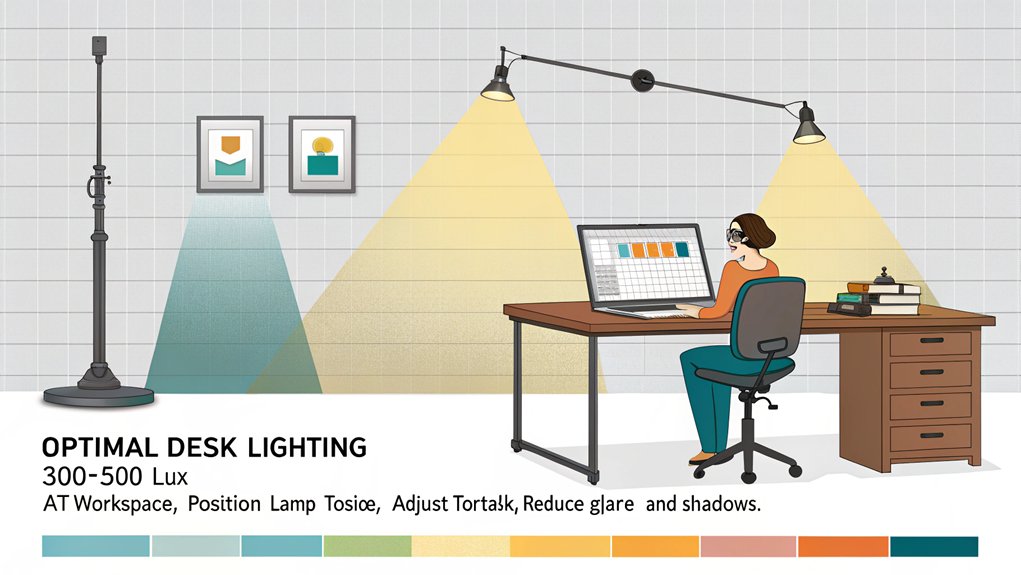 An infographic illustrating how task lighting and adjustable desk lamps create optimal computer workspaces. Show various brightness levels (300-500 lux), color temperatures (3000K-5000K), and positioning techniques to reduce eye strain and screen glare. Include diagrams of proper lamp placement and adjustment features.