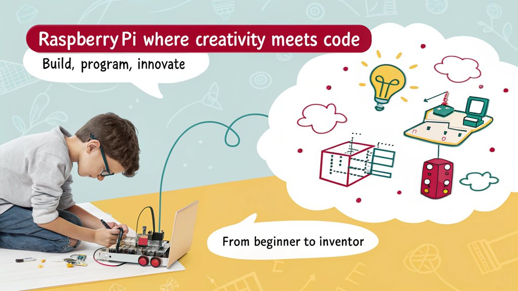 An infographic showing a child building a Raspberry Pi robot with thought bubbles containing programming concepts and creative applications. Use bright colors, simple illustrations of Pi projects, and a flowchart showing how creativity leads to innovation in coding.