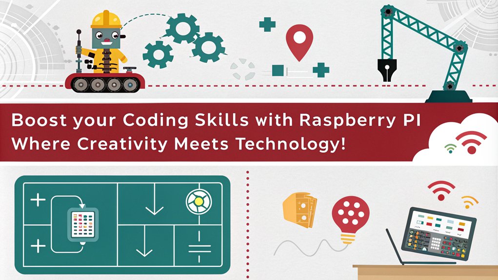 An infographic that highlights how Raspberry Pi encourages creativity in projects to enhance coding skills. Include visuals of projects like robotics, games, and automation. The only text in the image is as follows: "Boost your coding skills with Raspberry Pi - where creativity meets technology!"
