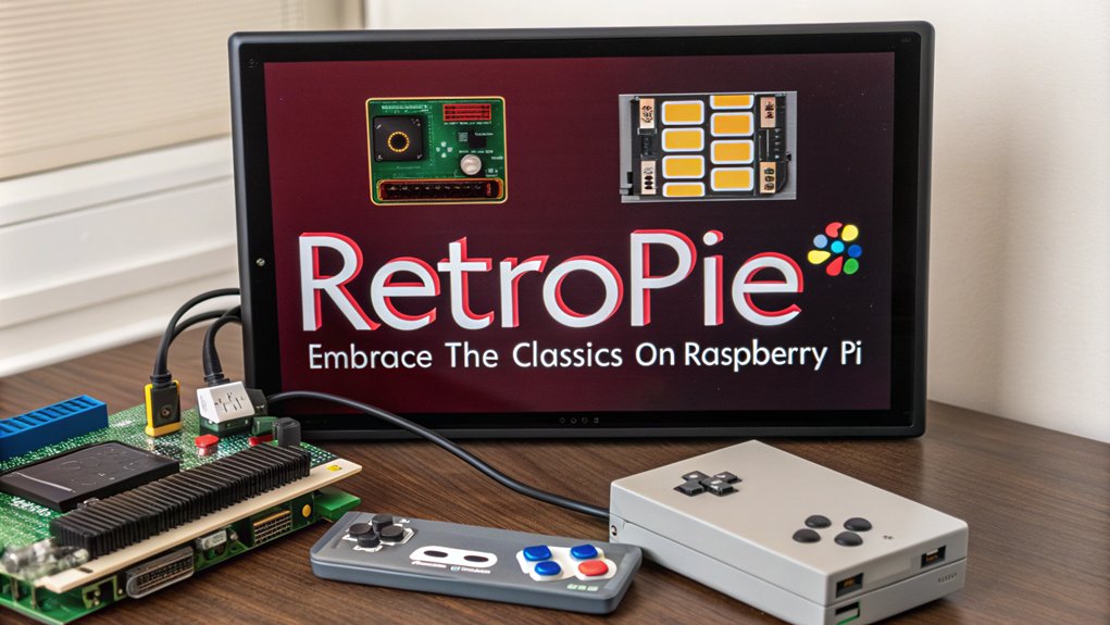 A realistic image of a RetroPie setup on a mini PC, showcasing Raspberry Pi with various retro gaming icons and a sleek Linux interface.