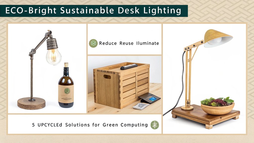 An infographic showing 5 handmade, upcycled desk lighting options for eco-conscious PC users. Feature mason jar lights, repurposed pipe lamps, cardboard pendant lights, wine bottle desk lamps, and driftwood LED fixtures. Include energy savings, materials needed, and DIY difficulty ratings. 