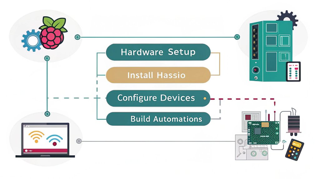 An infographic showing step-by-step process for setting up Home Assistant on Raspberry Pi, featuring hardware requirements (Pi 4 with 2GB+ RAM), software installation steps, and key features like automation rules and device integration.