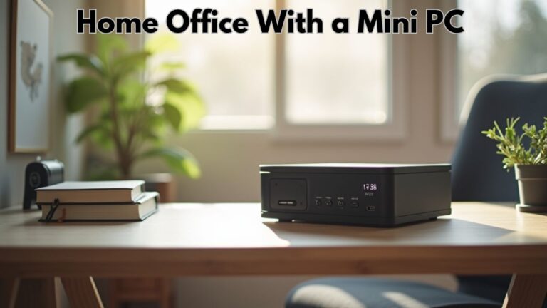 A modern, inviting home office with a mini PC on a neat desk,