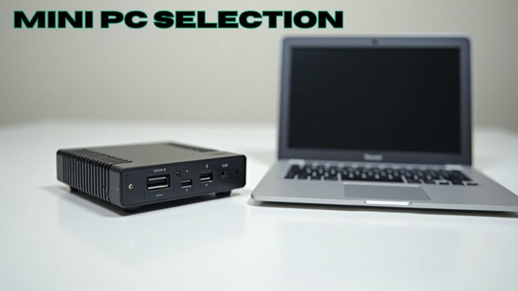 A clear image of a small, compact mini PC next to a simple laptop, Why you need a home office with a mini pc.