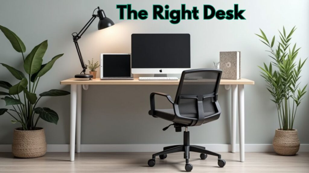 A comfortable, modern desk setup in a home office with a mini PC, ergonomic chair, and clear workspace,