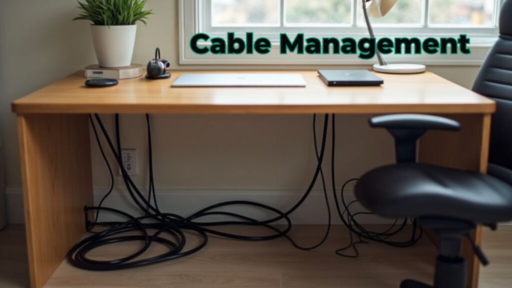A tidy desk with hidden cables and organized cords under the desk,