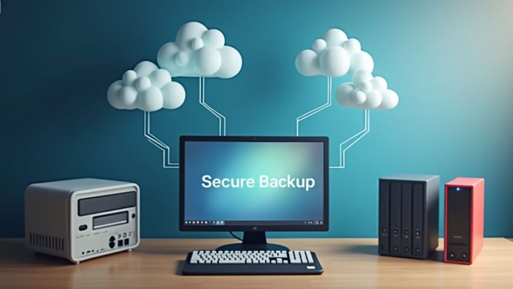 A secure home office setup showing a mini PC, cloud icons, and external drives,