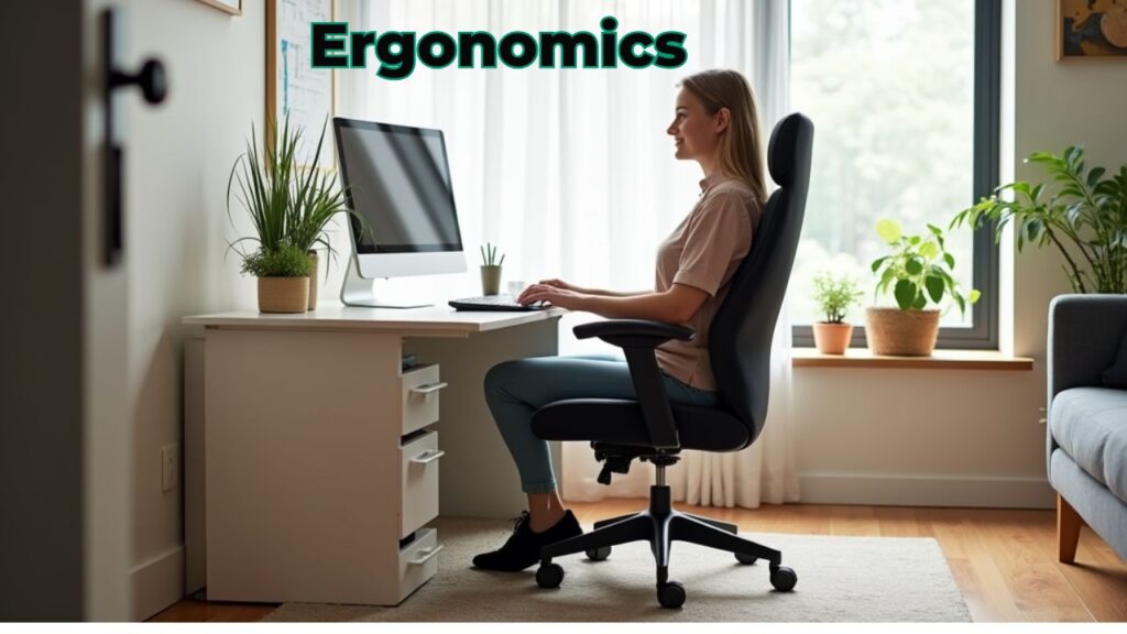 An inviting home office with an ergonomic chair, adjustable desk, and supportive accessories