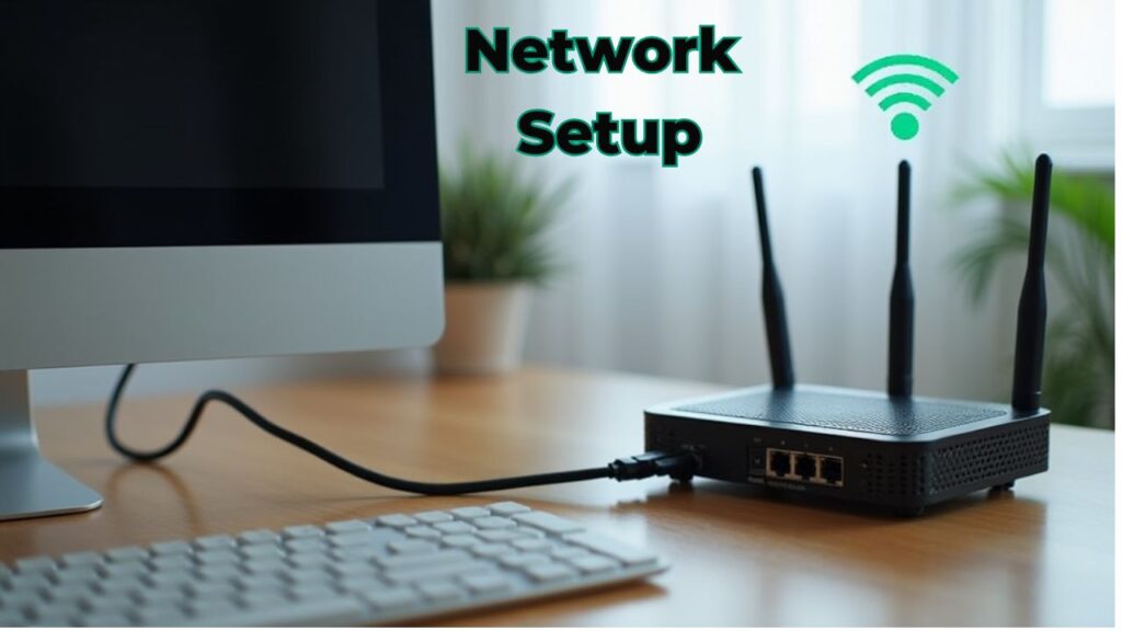 A home office showing a mini PC connected to a router with visible Ethernet cables and Wi-Fi symbols,