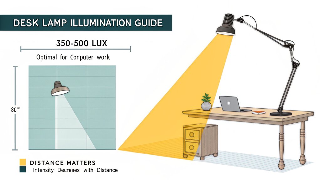 An infographic illustrating lumens vs. lux measurements for desk lamp brightness levels, showing recommended brightness levels (350-500 lux) for computer workspaces. Include visual comparisons of illumination levels, lamp positioning (18-24 inches), and effects of distance on lighting intensity.