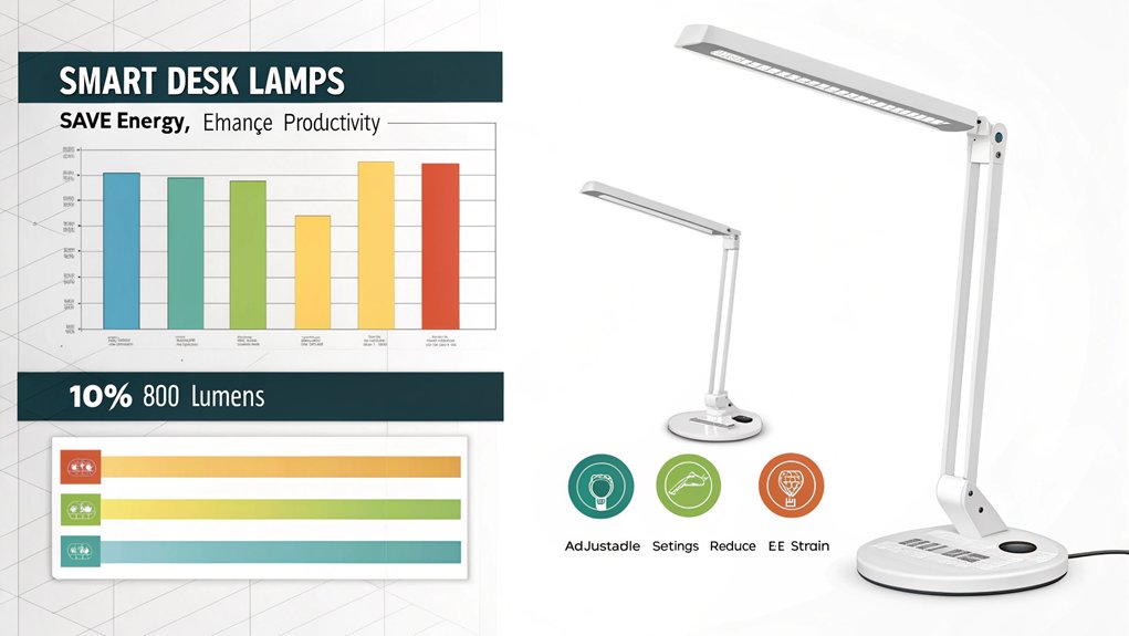 An infographic showing energy-efficient desk lamp features. Include LED vs fluorescent comparison, wattage-to-lumens ratios, and smart features like timers and dimming. Visualize color temperature options and ergonomic designs that complement computer workspaces.