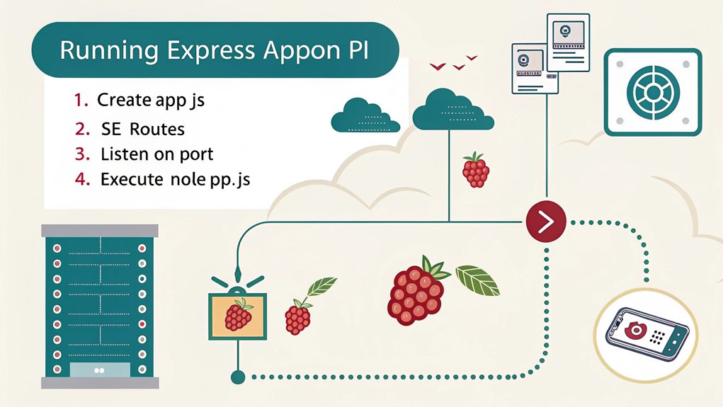 :An infographic showing how to run an Express application on Raspberry Pi, with step-by-step process: creating app.js file, configuring routes, setting port listening, and executing with node command. Include visual cues for successful startup and browser verification on port 3000.