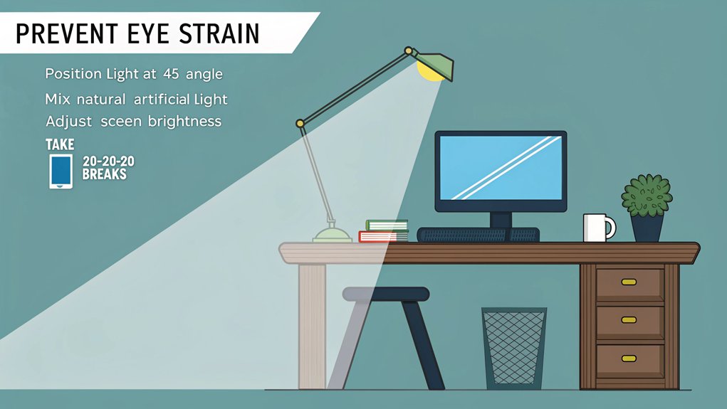 n infographic illustrating optimal desk lighting ergonomics to prevent eye strain. Show proper lamp placement, screen positioning, and ambient lighting techniques with a modern desk setup. Include natural light integration and recommended light temperatures (3000K-5000K). Use a calming blue/green color scheme.