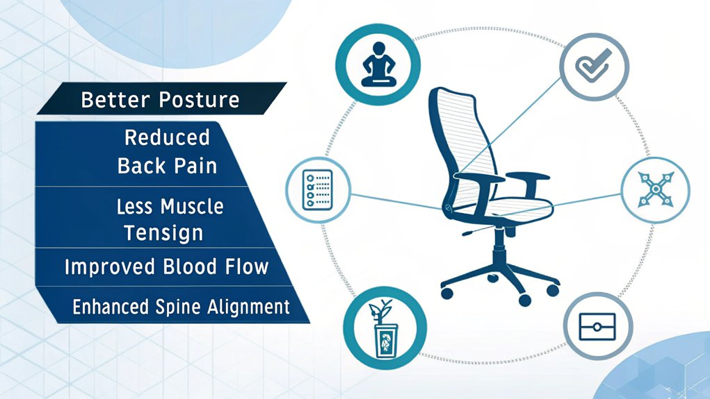 An infographic showing 5 physical benefits of ergonomic chairs, using simple icons and a blue-white color scheme. Display a central office chair illustration with connecting lines to benefit symbols. Clean, professional design with minimal decoration.